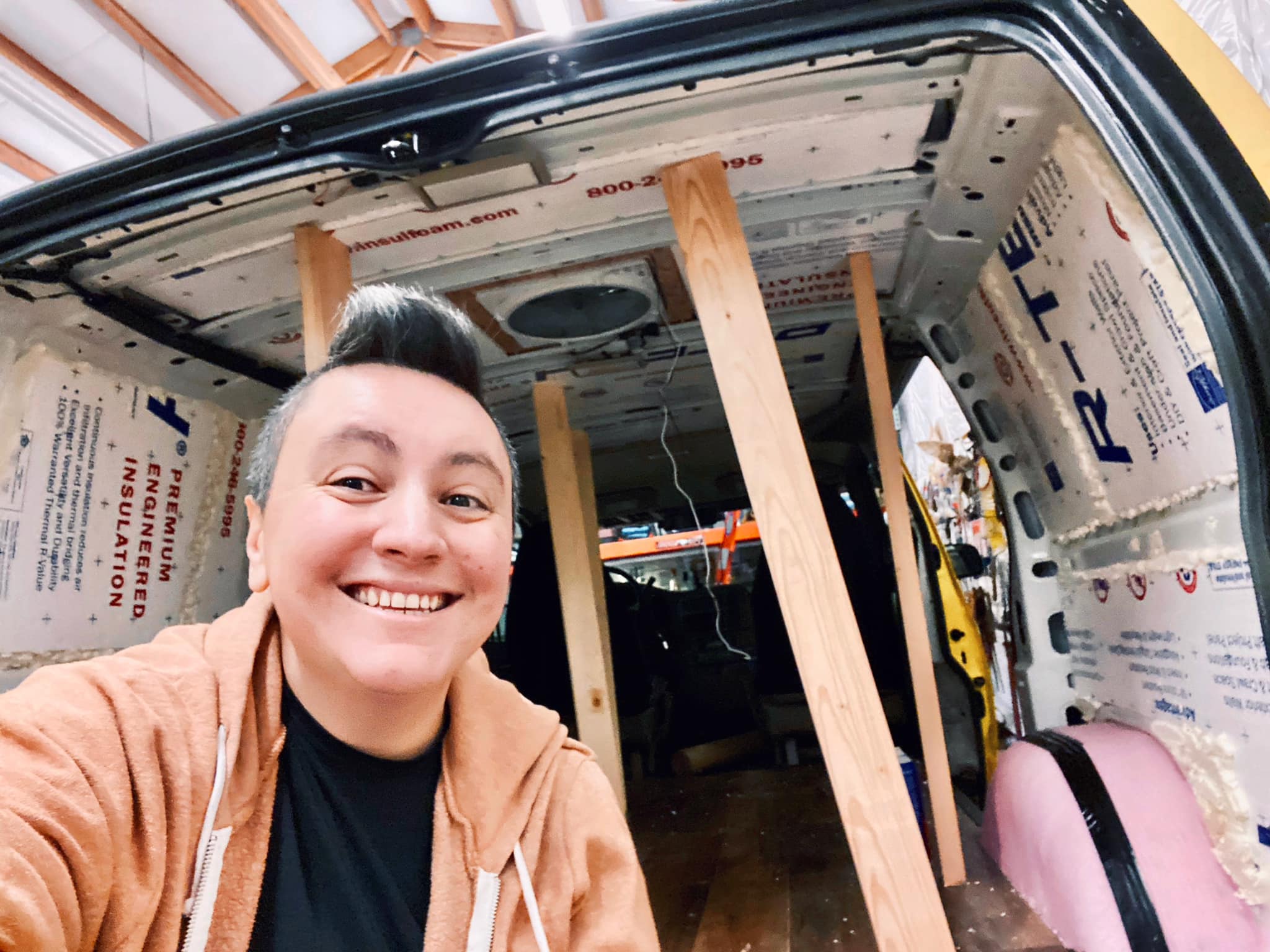 Trish working on van interior